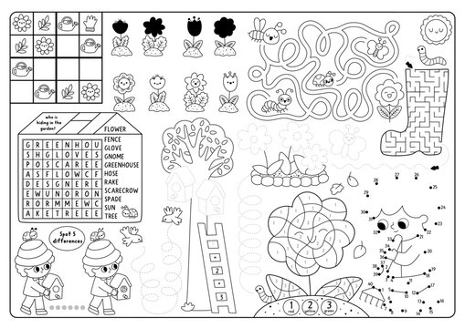Vector black and white spring garden placemat. Line printable activity mat with maze, puzzle, shadow match, find difference. Coloring page, play mat, menu, kids magazine spreadsheet with gardener