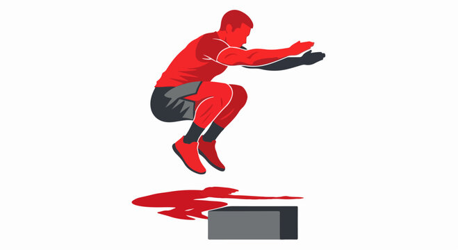 Dynamic red silhouette athlete jumping over a stylized block with brushstroke shadow vector art