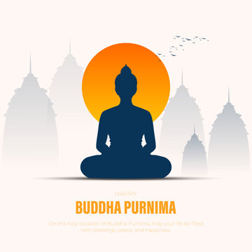 Happy Buddha Purnima Illustration with Meditating Buddha Silhouette and Sunset Background, vector illustration.