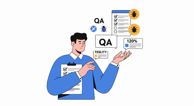 Male quality assurance engineer holding a checklist and finding software bugs in application