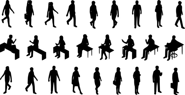 Isometric Black Silhouette People Vector Set: Men and Women Sitting on Benches, Walking, and Talking
