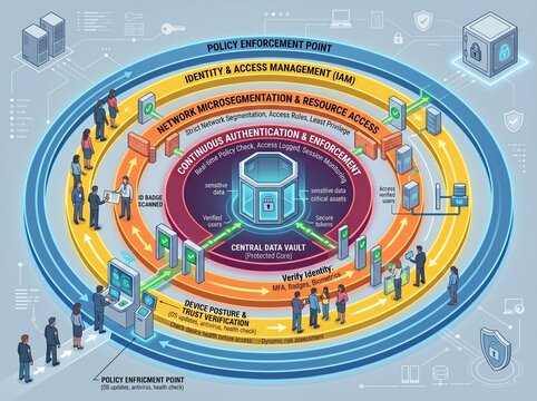 Zero trust security model isometric diagram, concentric rings protecting central data vault, authentication process