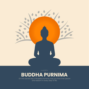 Happy Buddha Purnima Illustration with Meditating Buddha Silhouette and Spiritual Aura, vector illustration.