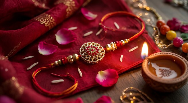 Beautiful rakhi bracelet with red fabric and diya lamp for indian festival