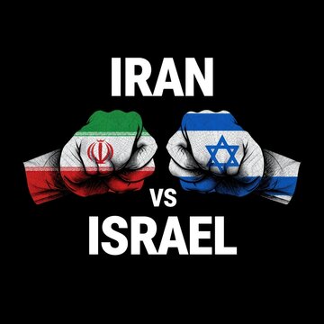 A symbolic illustration of Iran versus Israel with fists representing their flags