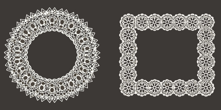 Intricate white lace frames in circular and square shapes displayed