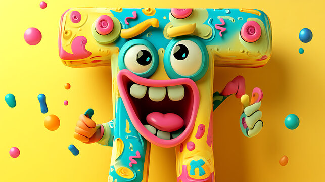 Playful and bold 3D letter T with expressive face, groovy hand motion, and sticker decorations 