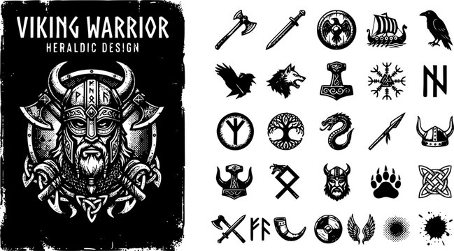 Viking Warrior Heraldic Logo Grunge Print Retro Photocopy Stipple Effect Viking Weapon Design Elements Norse Mythology Vector Illustration