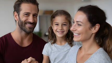 Fototapeta premium A portrait capturing a father mother and daughter sharing genuine smiles and warm connection in a bright modern indoor setting