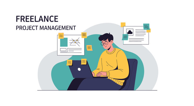 Freelance project management concept: man working on laptop with sticky notes and charts