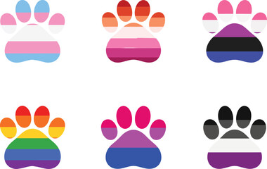 Pride Paw Print SVG Bundle - Set of Six Colorful LGBT Rainbow Flag Paw Icons with Transgender Lesbian Bisexual Asexual Gay Pride Colors © PNG