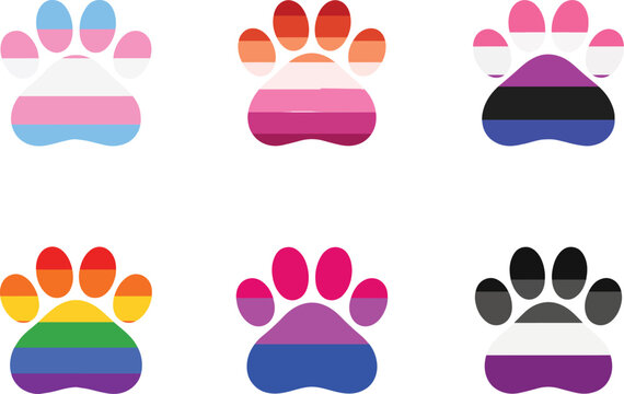Pride Paw Print SVG Bundle - Set of Six Colorful LGBT Rainbow Flag Paw Icons with Transgender Lesbian Bisexual Asexual Gay Pride Colors