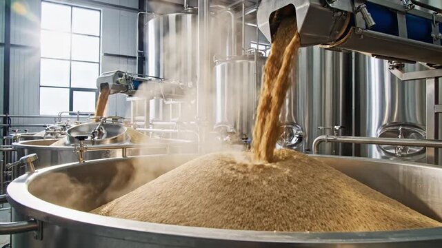 Pale malted barley grains being poured from an industrial metal conveyor belt into a storage hopper at a brewery production facility during the beer brewing process.
