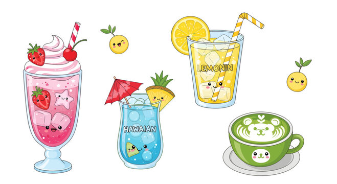 Kawaii Fruit Drinks and Beverages with Cute Faces, Perfect for Summer Refreshment and Lifestyle Designs