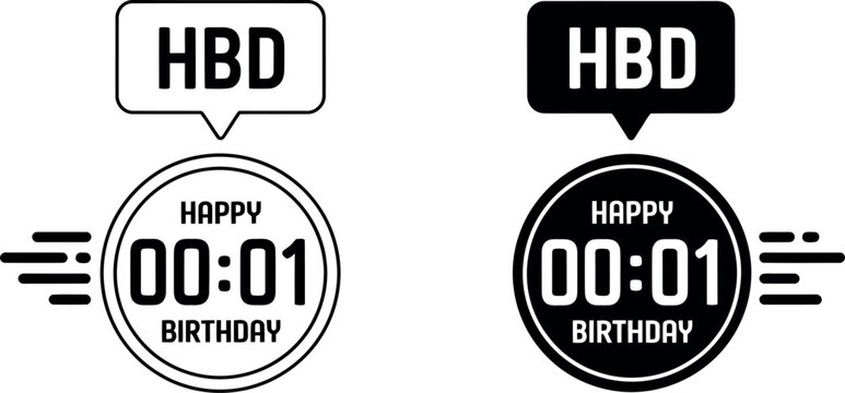Birthday timer and happy birthday text icons in black and white