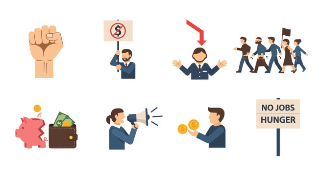 Social unrest and economic hardship depicted through symbolic illustrations showing protest, poverty, and financial struggle