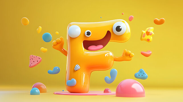 Glossy 3D letter F character with lively arms and feet, decorated with cool sticker shapes 
