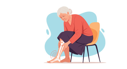 Fototapeta premium Senior woman sitting on a chair and holding her aching leg with a visible bone diagram indicating pain or injury.