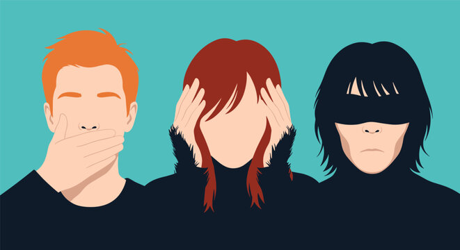 Three stylized figures depicting the three wise monkeys proverb by covering their mouth ears and eyes on a solid teal background.