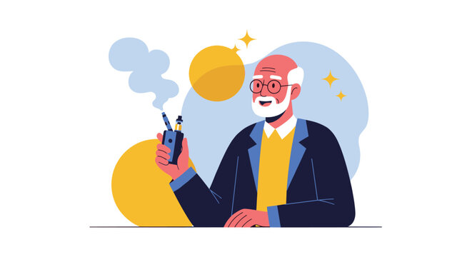 Smiling senior man with white beard and glasses using a portable electronic cigarette or vape device with smoke clouds in background.