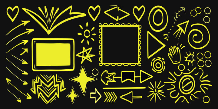 A collection of hand drawn yellow doodles on a black background
