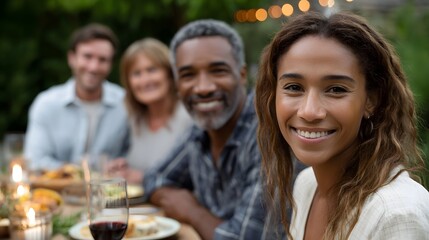 Obraz premium A group enjoying a warm and candid dinner gathering at an outdoor table surrounded by natural evening light