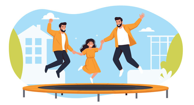 Happy family consisting of two fathers and their young daughter jumping excitedly on a large backyard trampoline on a sunny day.