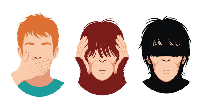 Illustration of three characters including a man an orangutan and a chimpanzee acting out the see hear and speak no evil proverb.