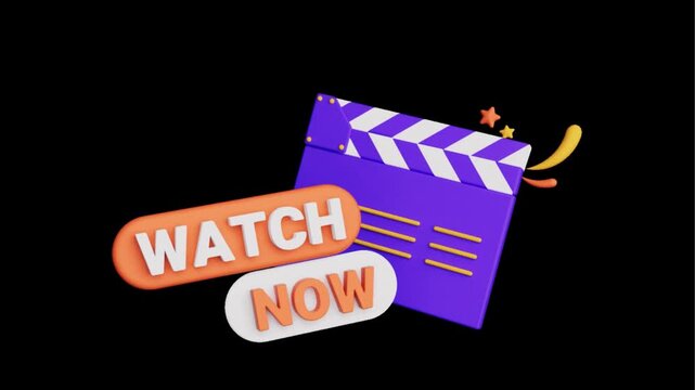 A purple clapper board with watch now text on a green background