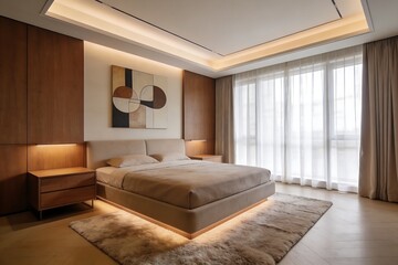Fototapeta premium Generative Ai a modern minimalist bedroom with warm lighting and large window