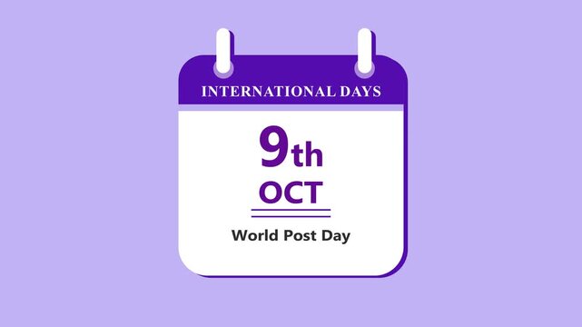 Postal service calendar interface showing 9th October World Post Day with clean minimal date layout and communication theme on purple background 4K black background visuals