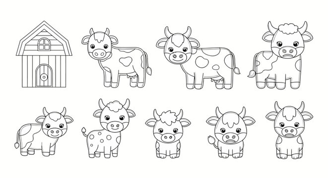 cartoon cows standing in front of barn line art illustration for kids coloring book