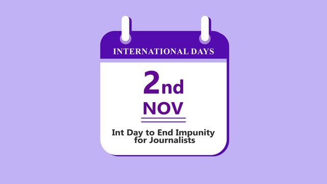 Justice awareness calendar interface showing 2nd November International Day to End Impunity for Crimes with clean minimal date layout on purple background 4k animation video