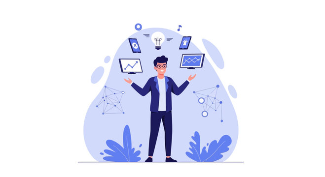 Businessman juggling technology, data, and ideas, symbolizing innovation and multitasking
