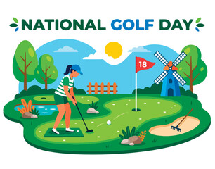 Fototapeta premium Woman playing golf on green course.