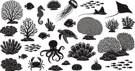 Black and white marine life illustration a diverse underwater ecosystem © KalenBikash