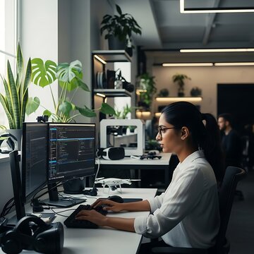 Woman Coding at Office Desk.