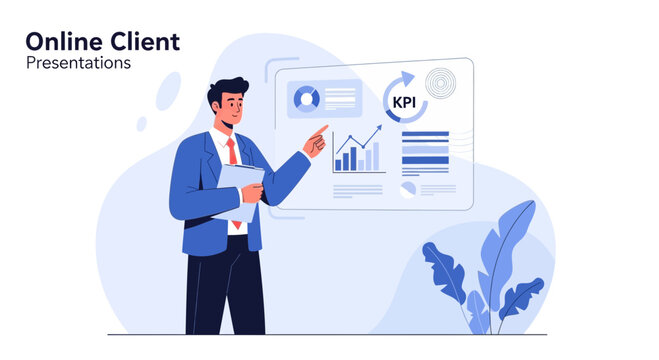 Businessman presenting online client presentation with KPIs and charts