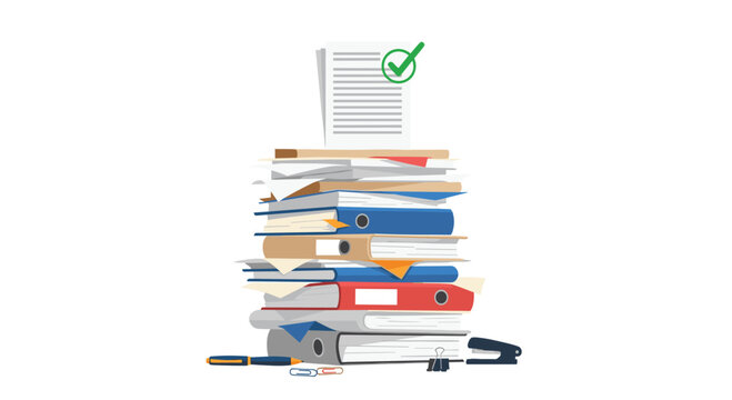 A towering vertical stack of colorful ring binders and messy loose documents features a prominent green checkmark symbol atop the pile in a bright office setting.