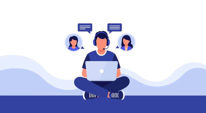 Customer service agent with laptop and headset communicating with clients online