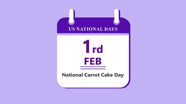 Dessert themed calendar interface featuring 1st February National Carrot Cake Day with clean minimal date layout and food concept on purple background 4k visuals