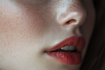 Fototapeta premium Close-up portrait of a woman with freckled skin, suitable for use in beauty or lifestyle contexts. vertical frame