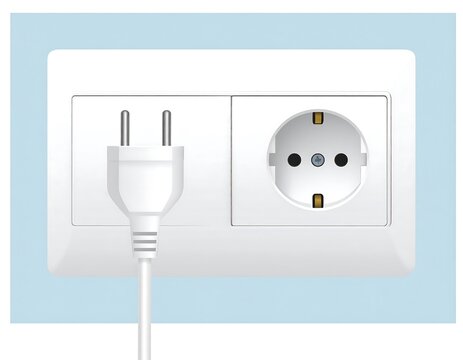 White power plug and outlet on a wall, euro style, against a pale blue background