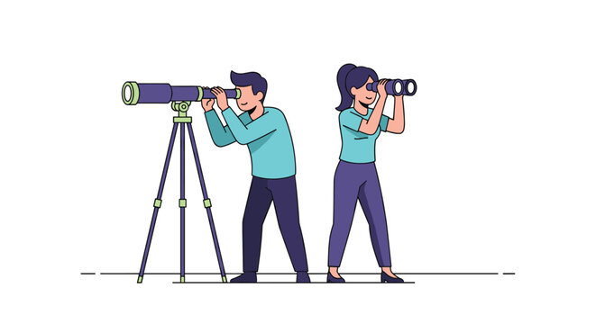Couple explores the distance using a telescope on a tripod and binoculars while standing together on a white background.
