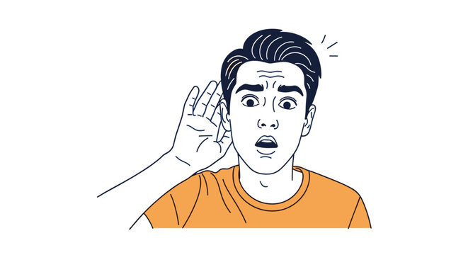 Surprised man with an open mouth cups his hand to his ear as he tries to listen to a distant or quiet sound.