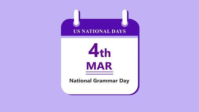 Language learning calendar interface showing 4th March National Grammar Day with clean minimal date layout and education theme on purple background 4k visuals