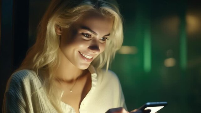A woman in a city at night, smiling as she texts on her cell phone. She's dressed stylishly and seems to be enjoying the moment.