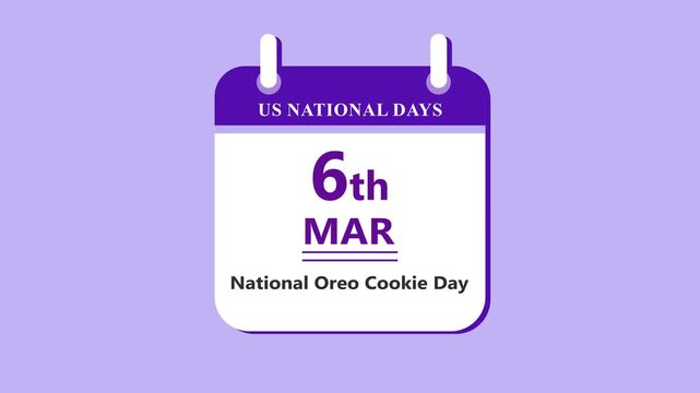 Sweet snack calendar interface featuring 6th March National Oreo Cookie Day with clean minimal date layout and dessert theme on purple background 4k animation video