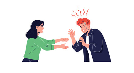Fototapeta premium Calm young woman reaching out to comfort a man who is clearly panicked, sweating, and showing signs of extreme anxiety or fear.