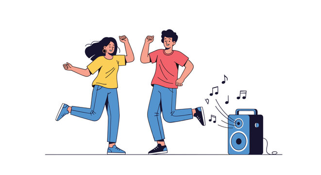 Energetic young man and woman dancing joyfully to upbeat music playing from a large blue portable speaker with musical notes.